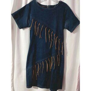 Starwear Jeans Denim Dress Size Medium Fringe Leather Accents Vintage READ